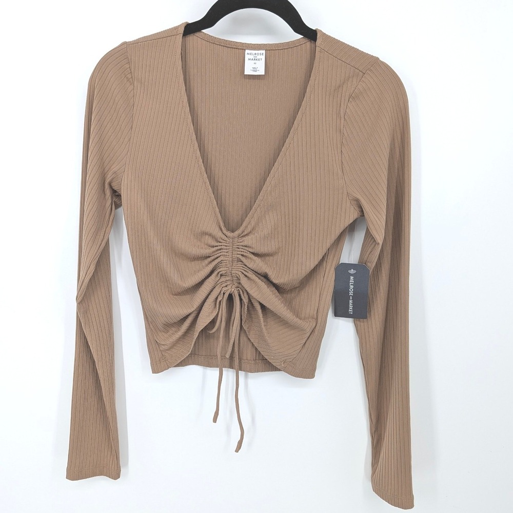 Y2K Ruched Crop Top Womens XS Brown Ribbed‎ Long Sleeve V-Neck Forest Fairy NWT